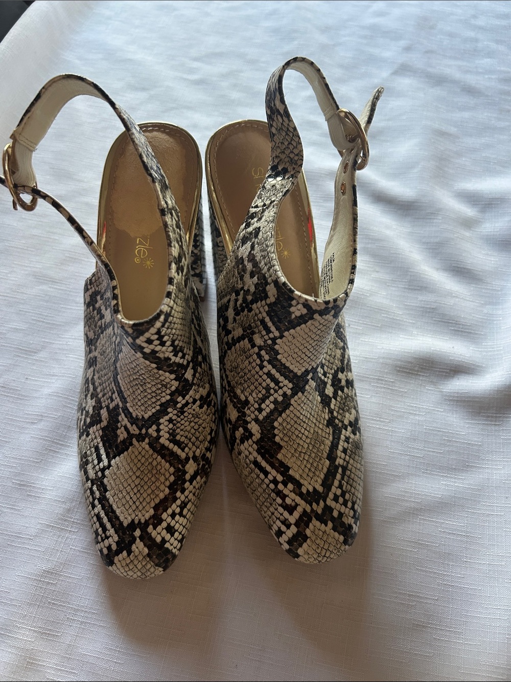 Shoe Dazzle Snake-Print Slingback Mules in Beige and Black